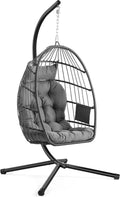 SONGMICS Outdoor Hängesessel mit Gestell, Verstellbarer Korbstuhl, Klappbar mit Seitentasche und Kissen, Ideal für Wohnzimmer und Balkon, Grau