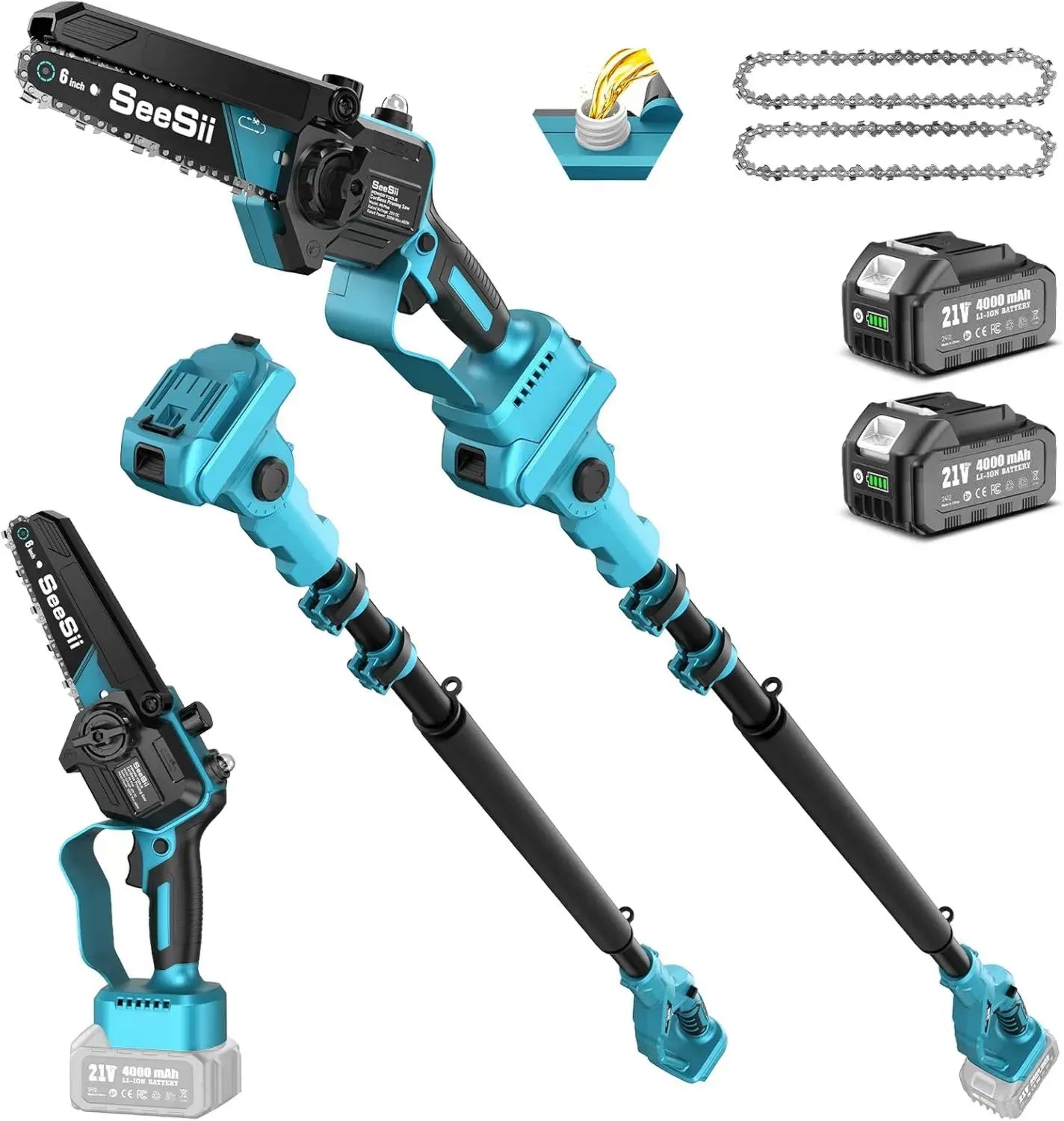SEESII 2-in-1 Teleskop-Astsäge & Mini-Kettensäge, 6 Zoll bürstenlos, mit teleskopierbarem Stab, akkubetrieben mit 2x4000mAh, ideal für Baumarbeiten